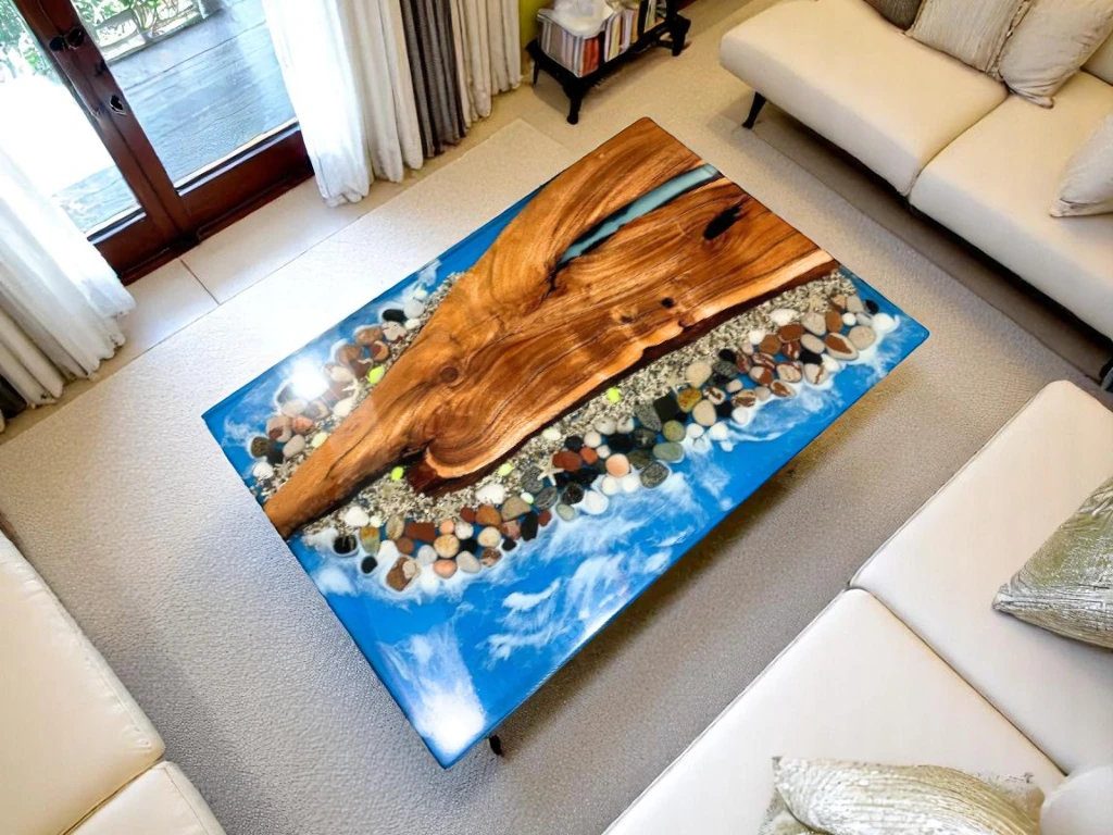 Clear Epoxy Resin Dining Table With Pebbles